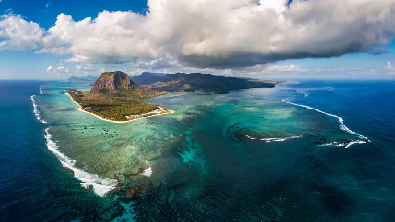 aerial view of mauritius island panorama and famous le morne