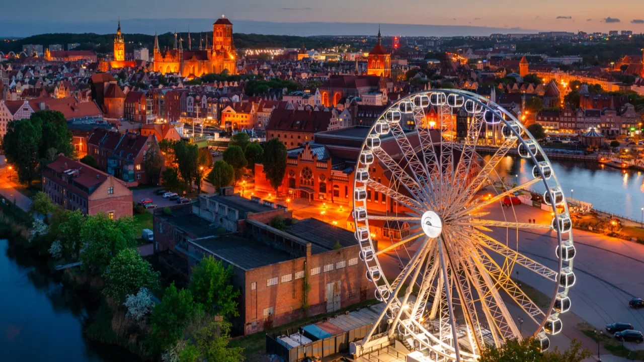aerial view of the beautiful gdansk city at dusk poland