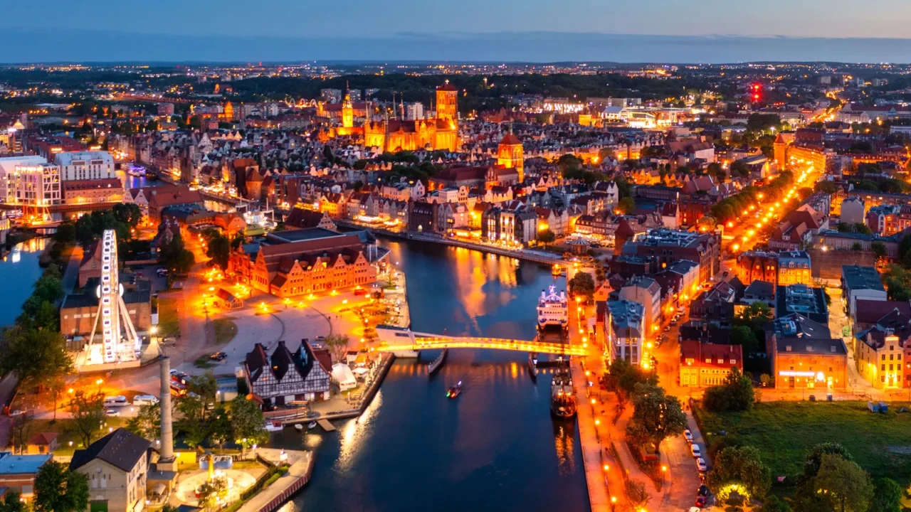 aerial view of the beautiful gdansk city at dusk poland