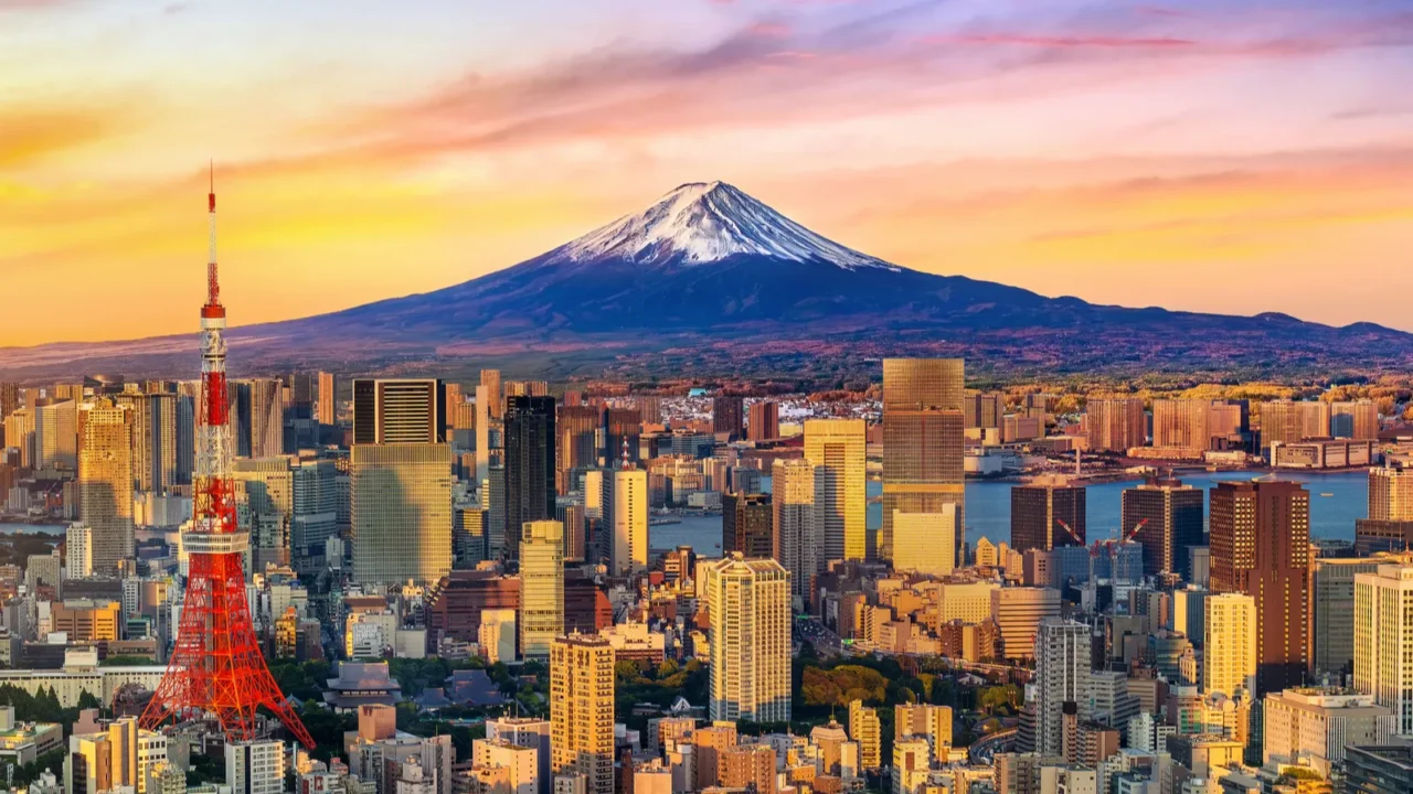 aerial view of tokyo cityscape with fuji mountain in japan