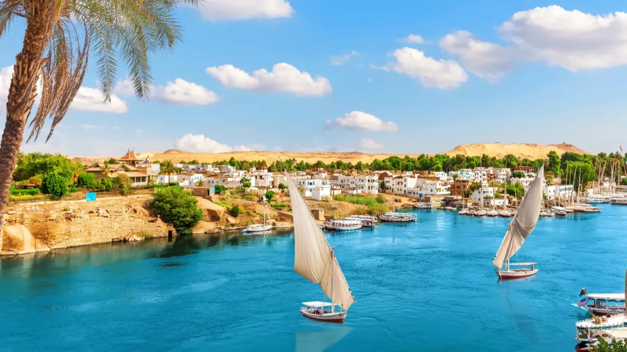 aerial view on aswan villages by the nile behind the