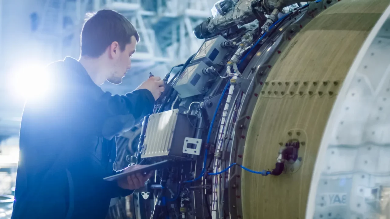aircraft maintenance mechanic inspecting and working on airplane jet engine