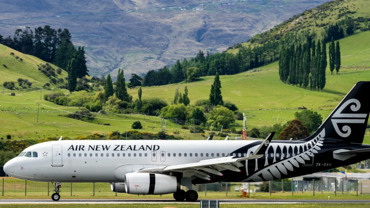 airplane of air new zealand takes off from airport