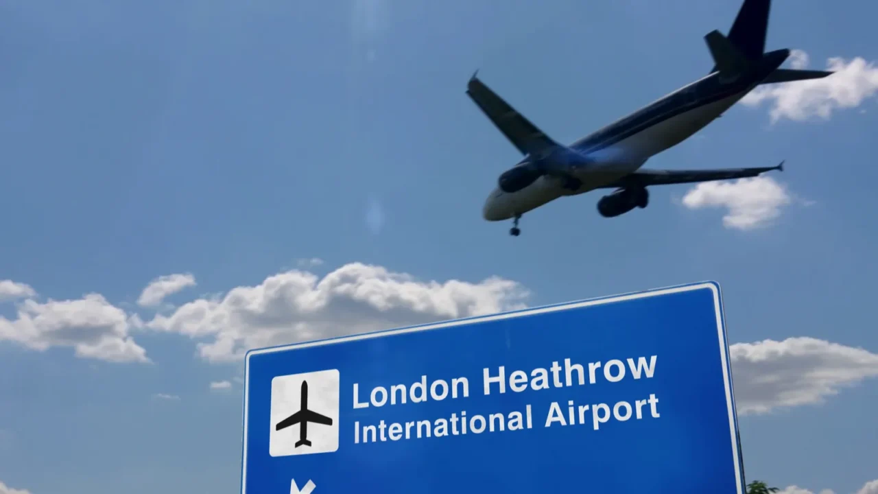 airplane silhouette landing in london heathrow england united kingdom city