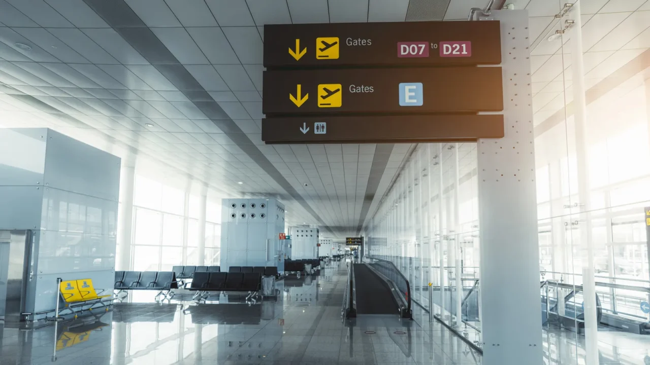 airport departure hall with signpost