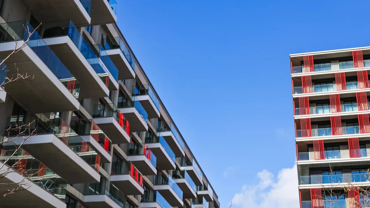 architectural cityscape of new apartments steel glass and bold patterns