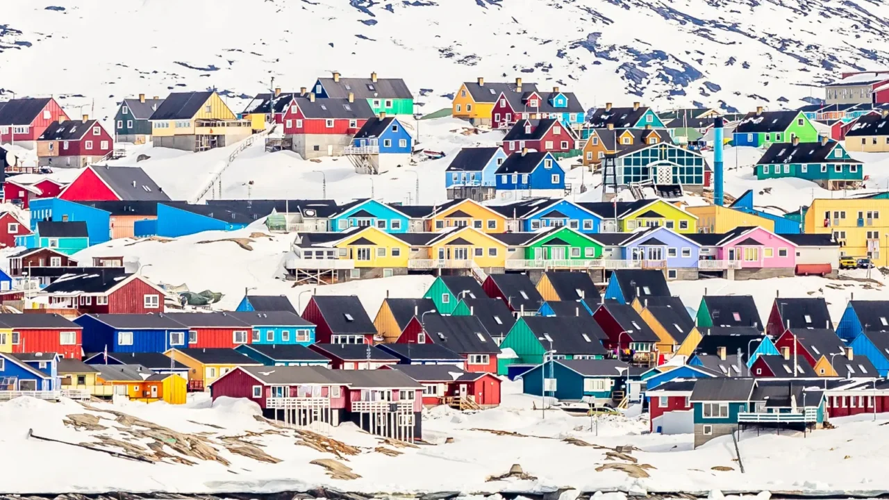 arctic city center panorama with colorful inuit houses on the