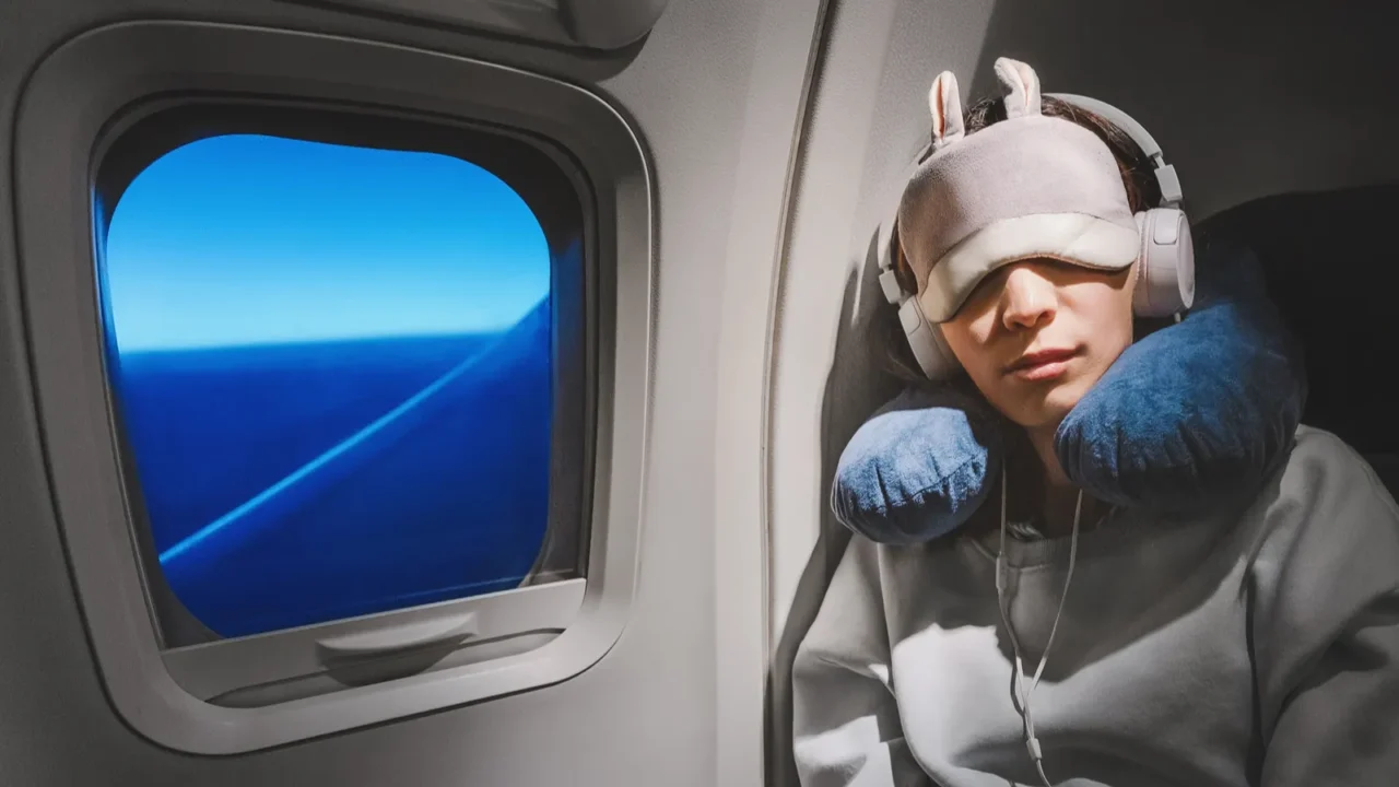 asian girl sleeping in her seat on the plane near