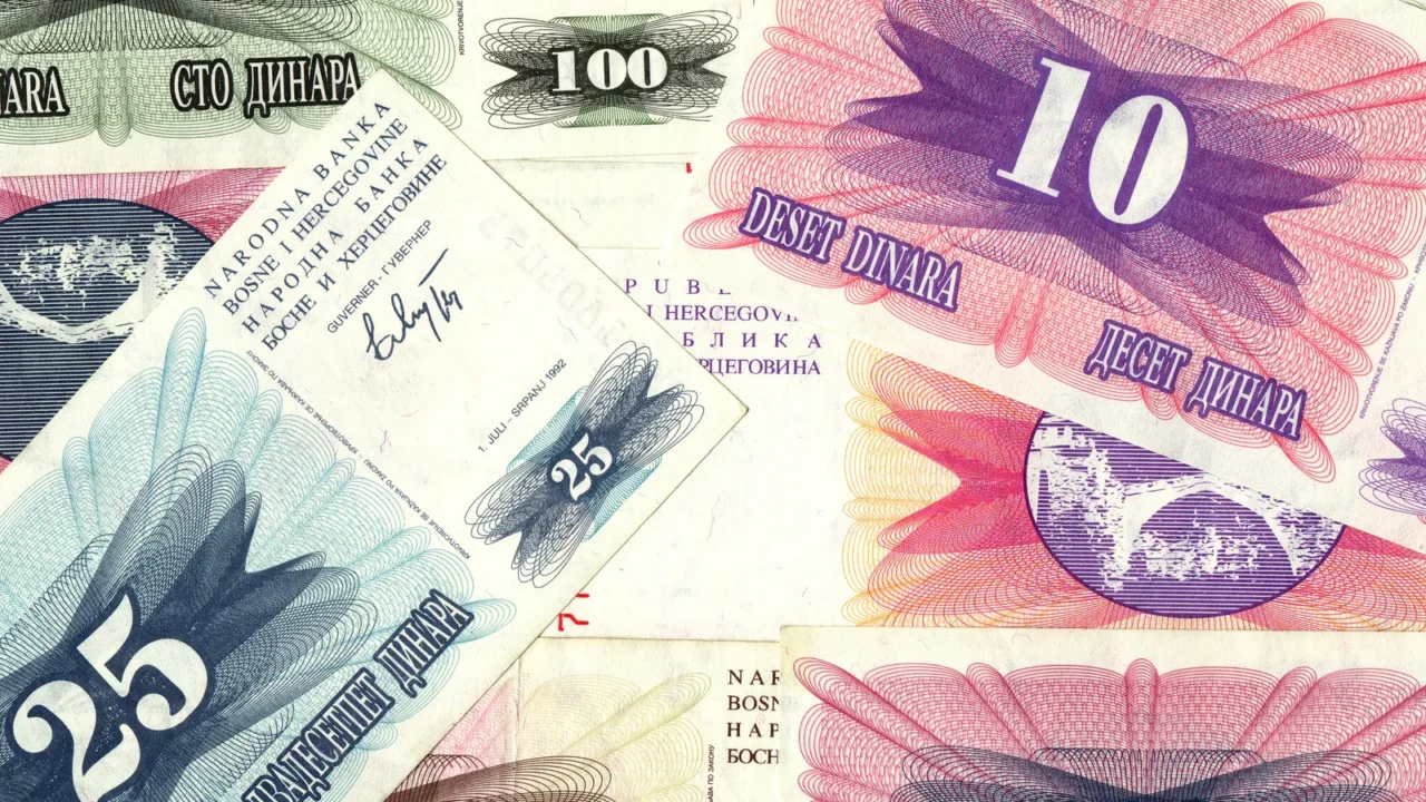 background of old bosnian dinar banknotes