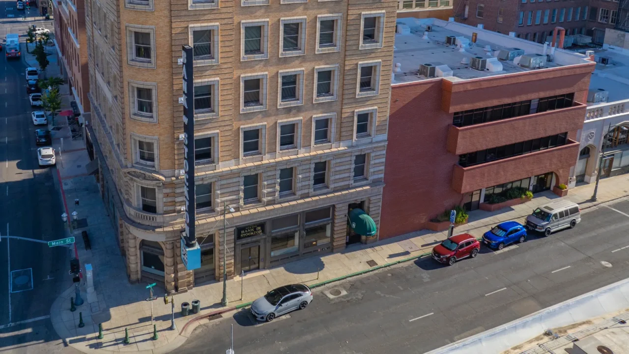 bank of stockton building aerial view at 301 e main