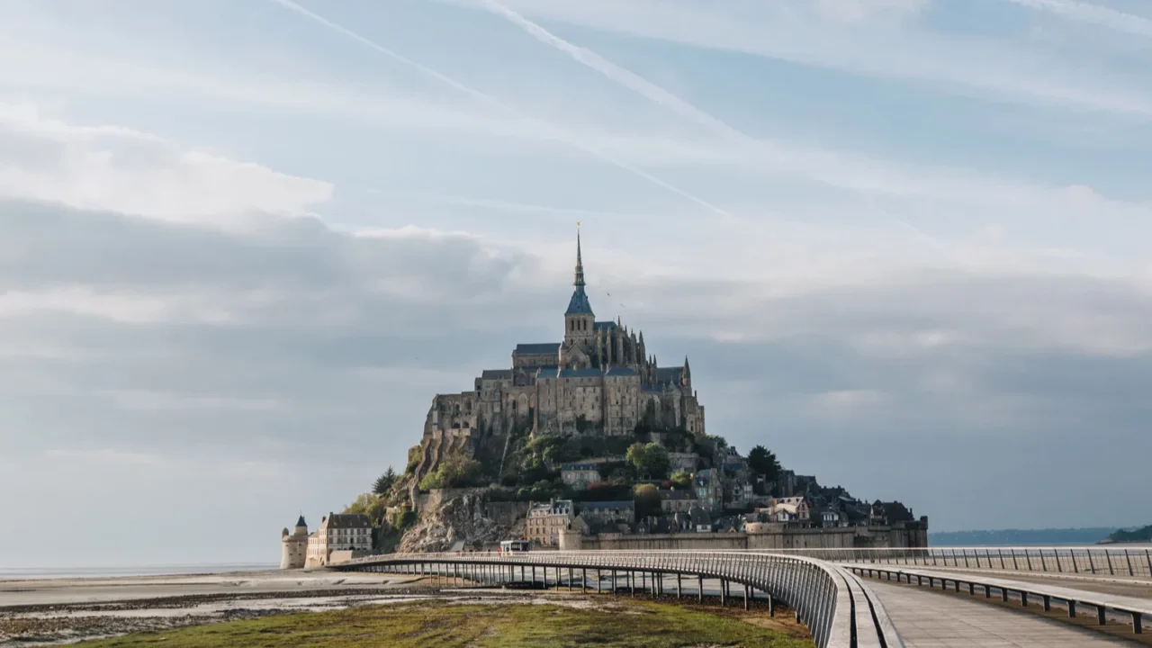 beautiful view of famous mont saint michel and walkway normandy