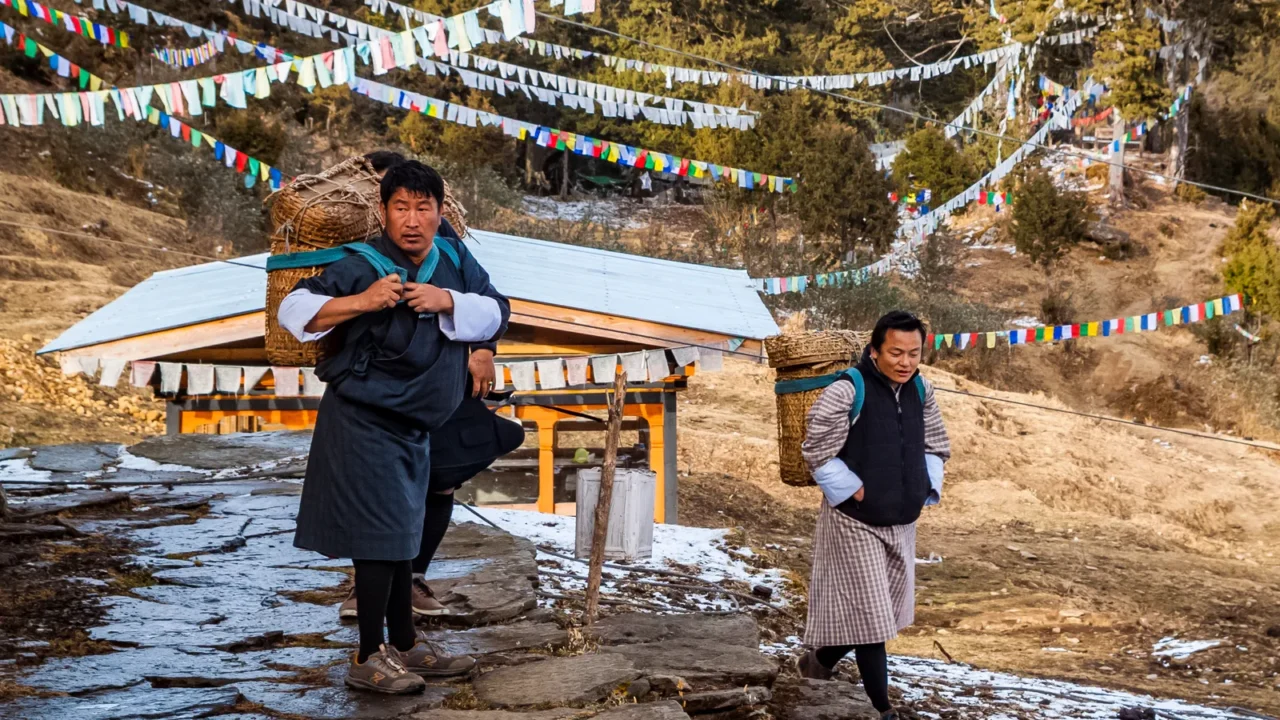 thimphubhutan  february 2016 three bhutanese men in traditional men