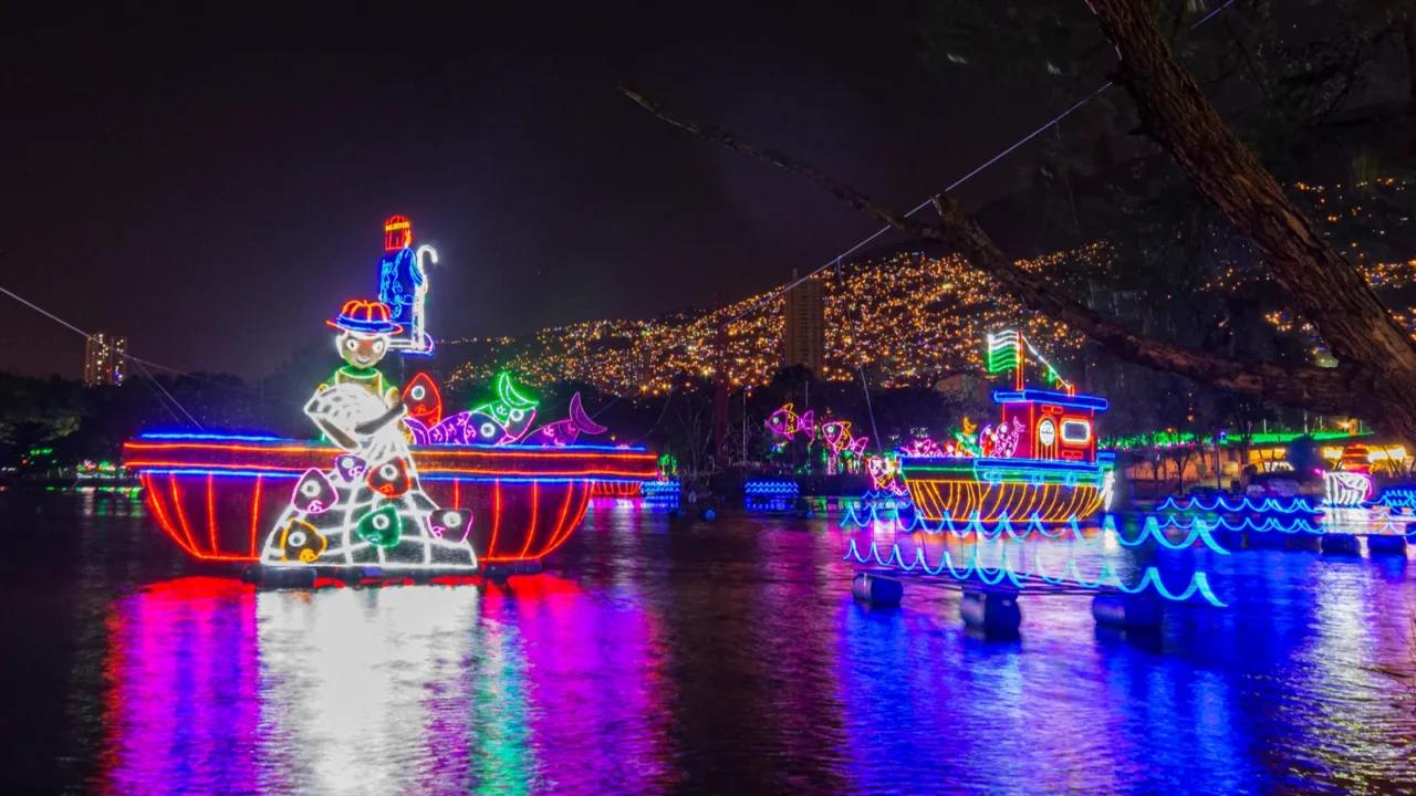christmas lights with figures for family celebration medellin antiquia colombia