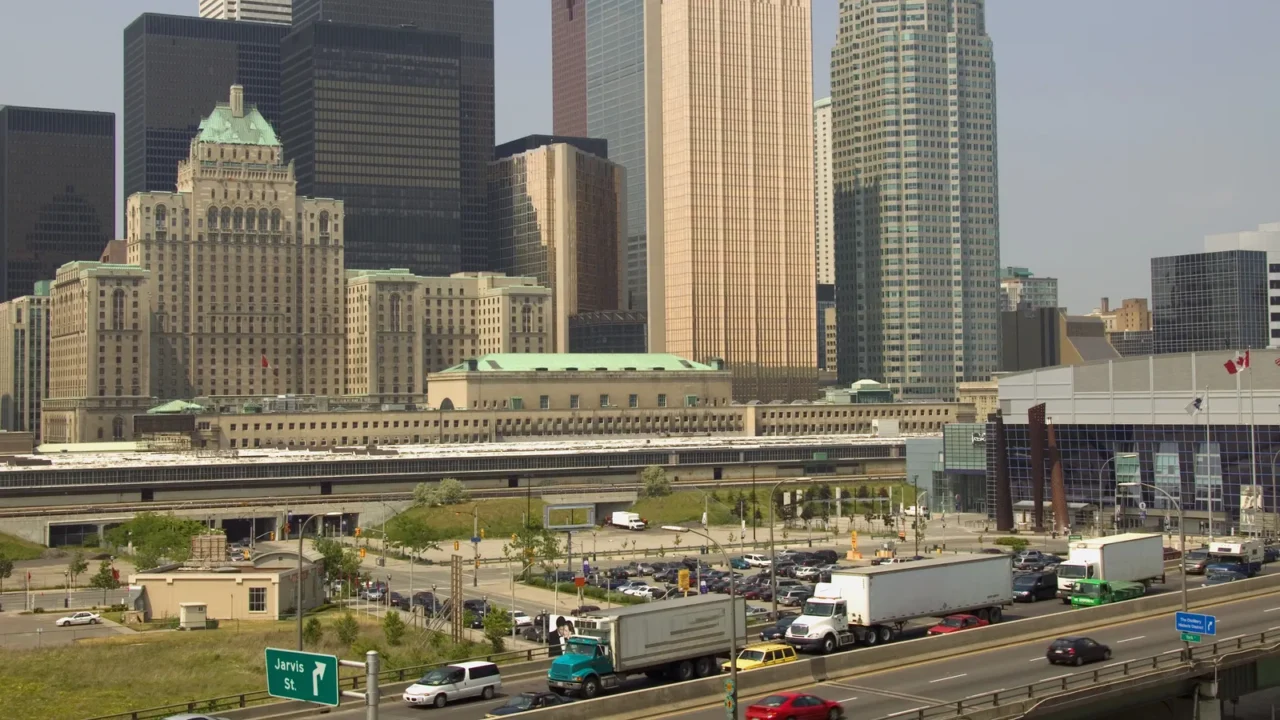 city skyline and road system