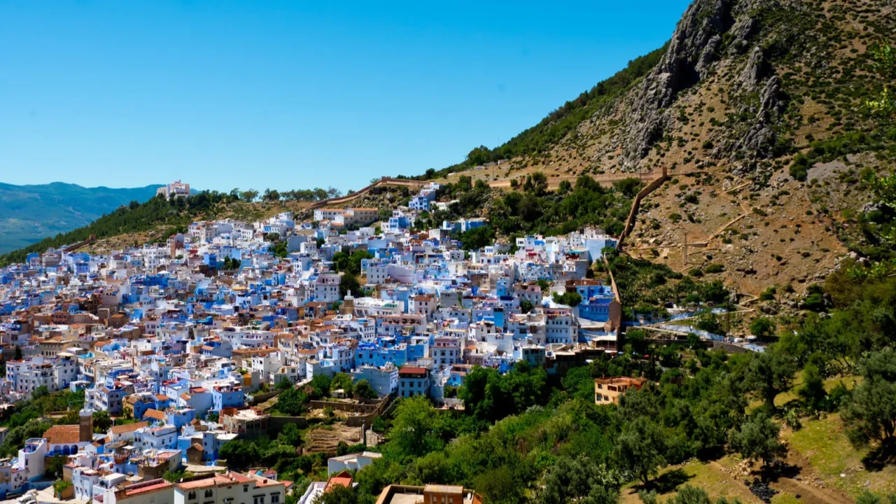 cityscape of famous blue town chefchaouen in rif mountains morocco