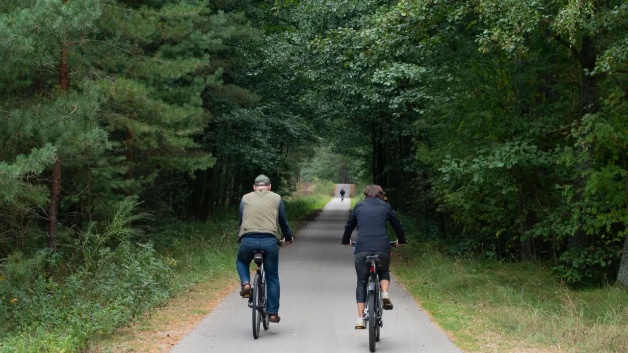 couple with bicycles on recreational cycle path local tourism curonian