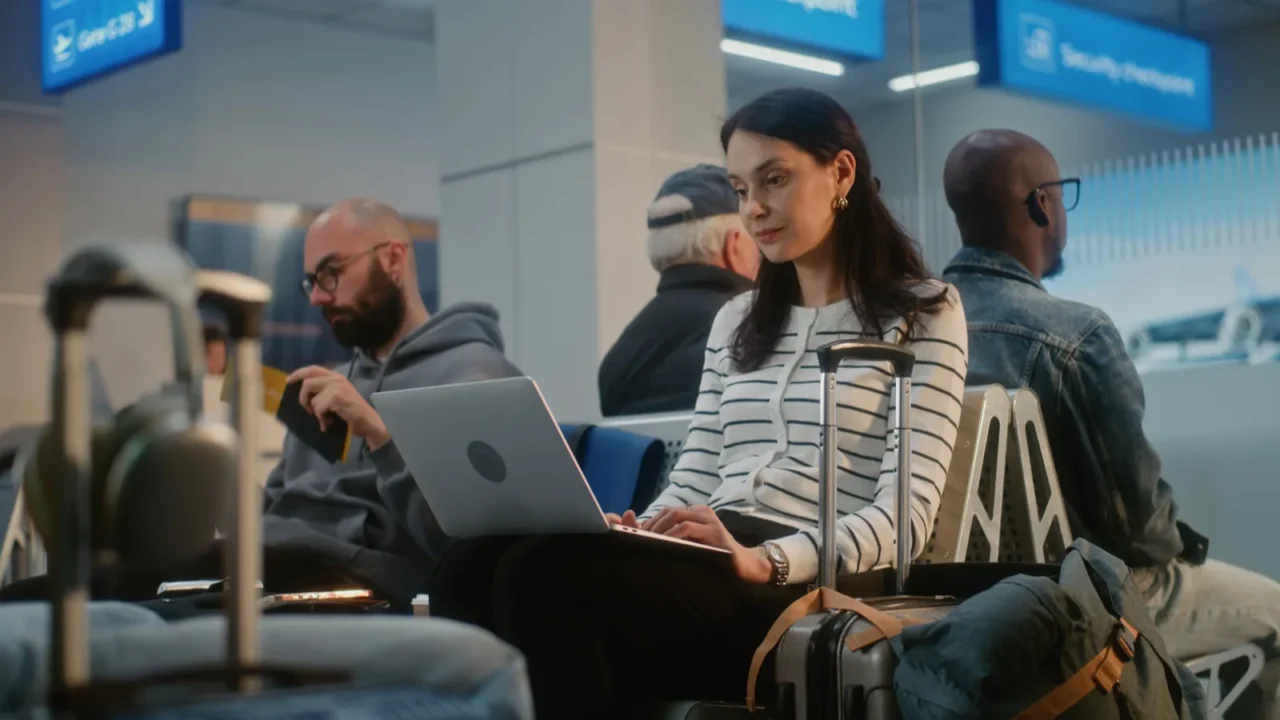 crowded international airport terminal adult woman working on laptop having