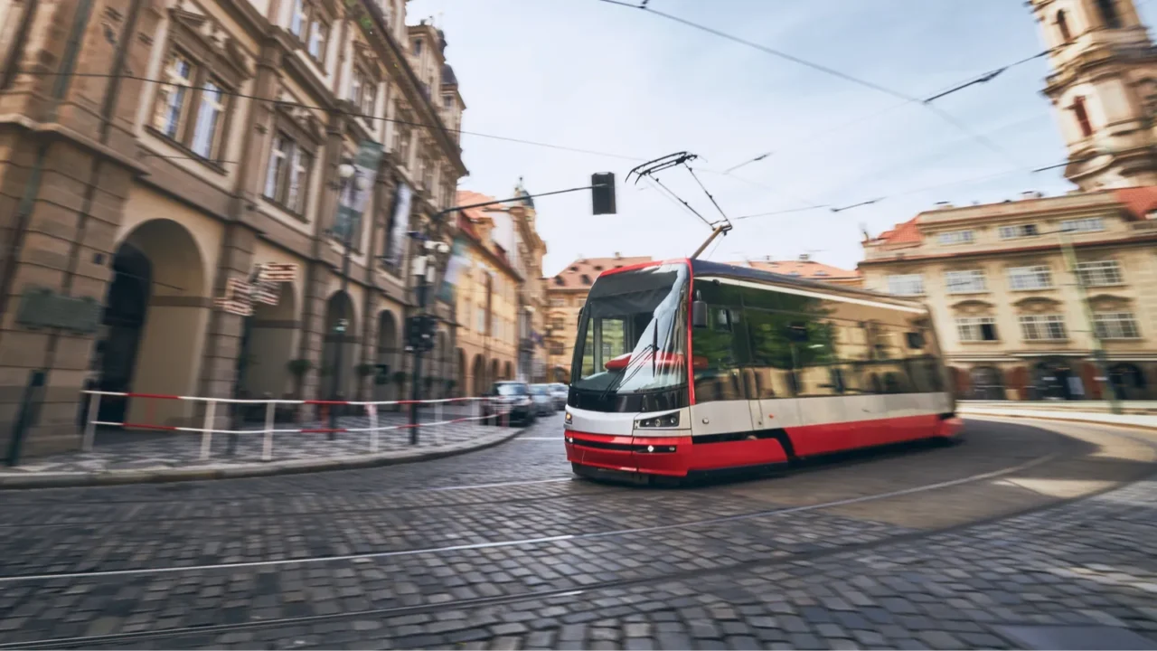 daily life in city modern tram of public transportation in