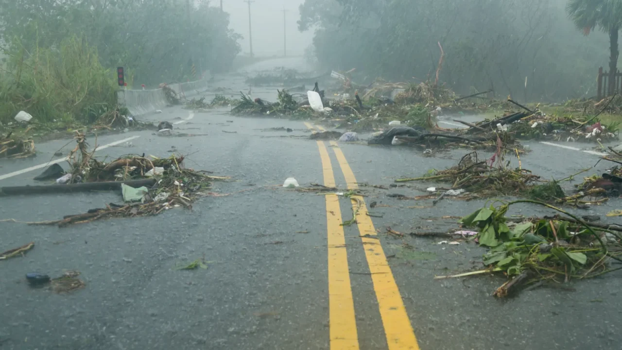 debri in road during typhoon