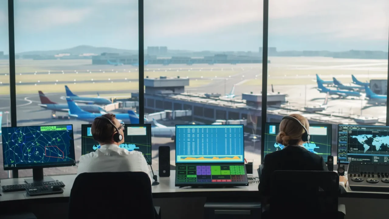 diverse air traffic control team working in a modern airport