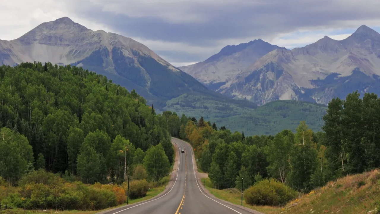 driving into the rocky mountains