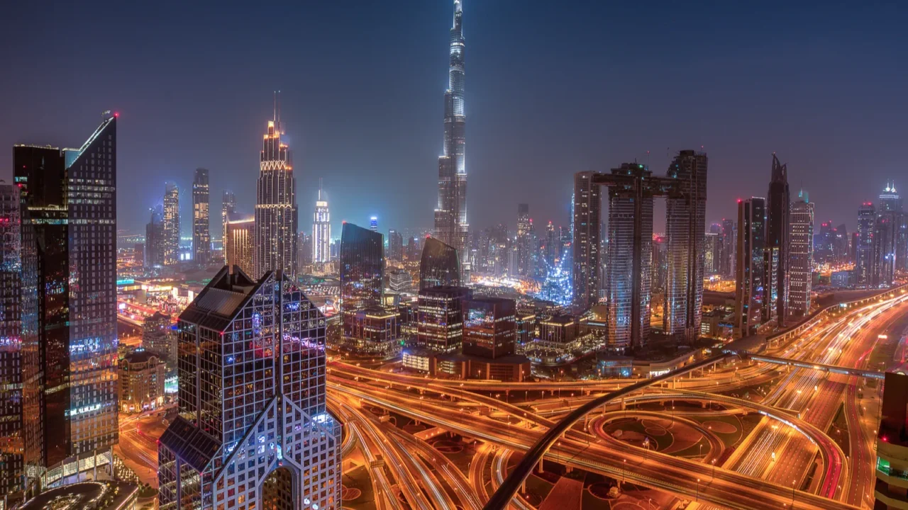 dubai skyline during sunrise united arab emirates