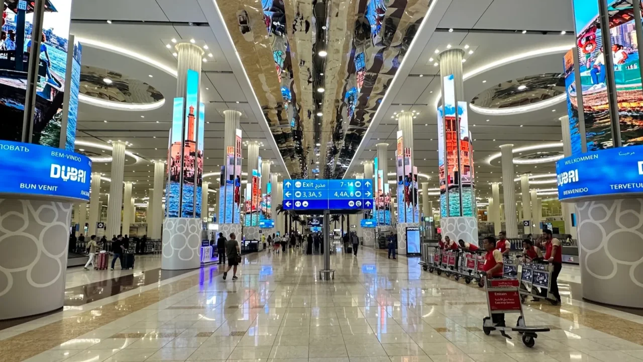 dubai united arab emirates15 september 2023 long bustling airport corridor