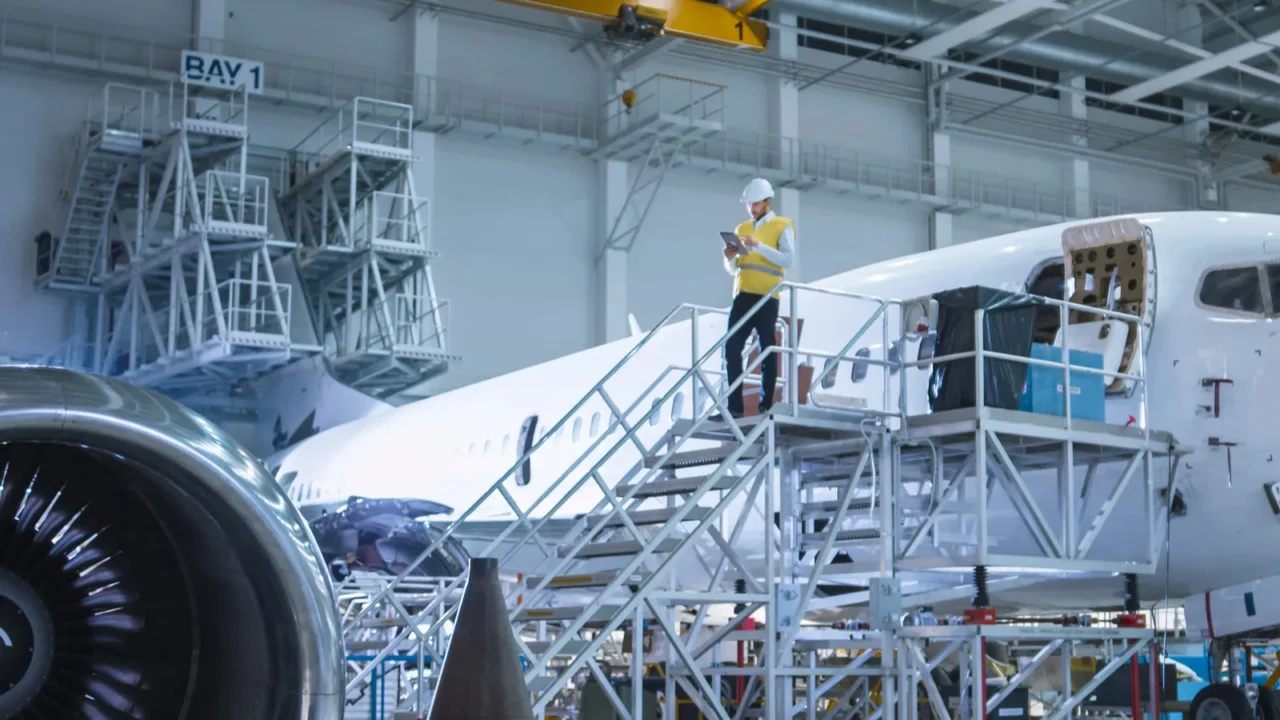 engineer in safety vest standing next to airplane in hangar