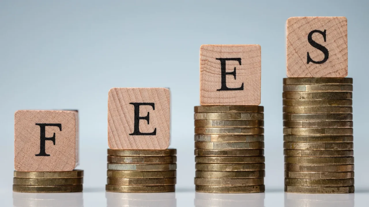 fees wooden blocks on increasing coins stacks