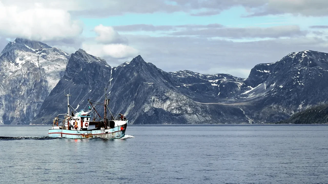 fishing boat with landscape greenland beautiful panorama nuuk fjord ocean