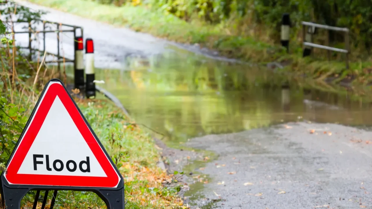 flooded road in england uk