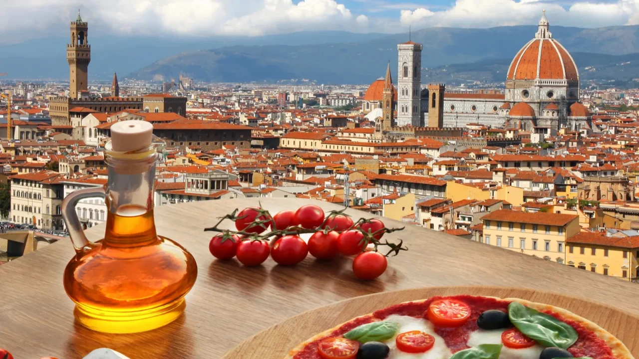 florence with cathedral and typical italian pizza in tuscany italy