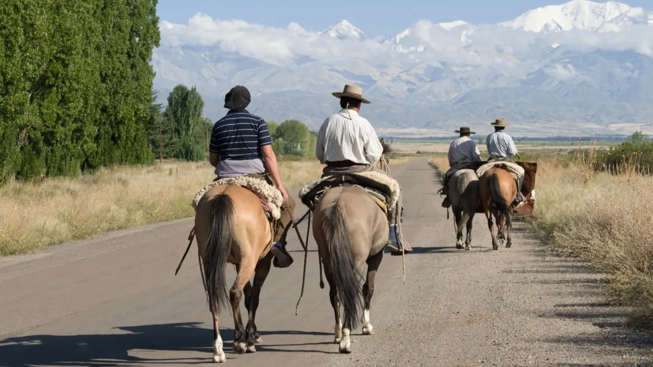 gauchos riding horses in the wine route near to the