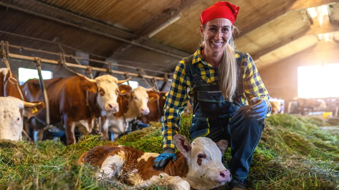 happy female farmer kneeling beside resting calf in cowshed with
