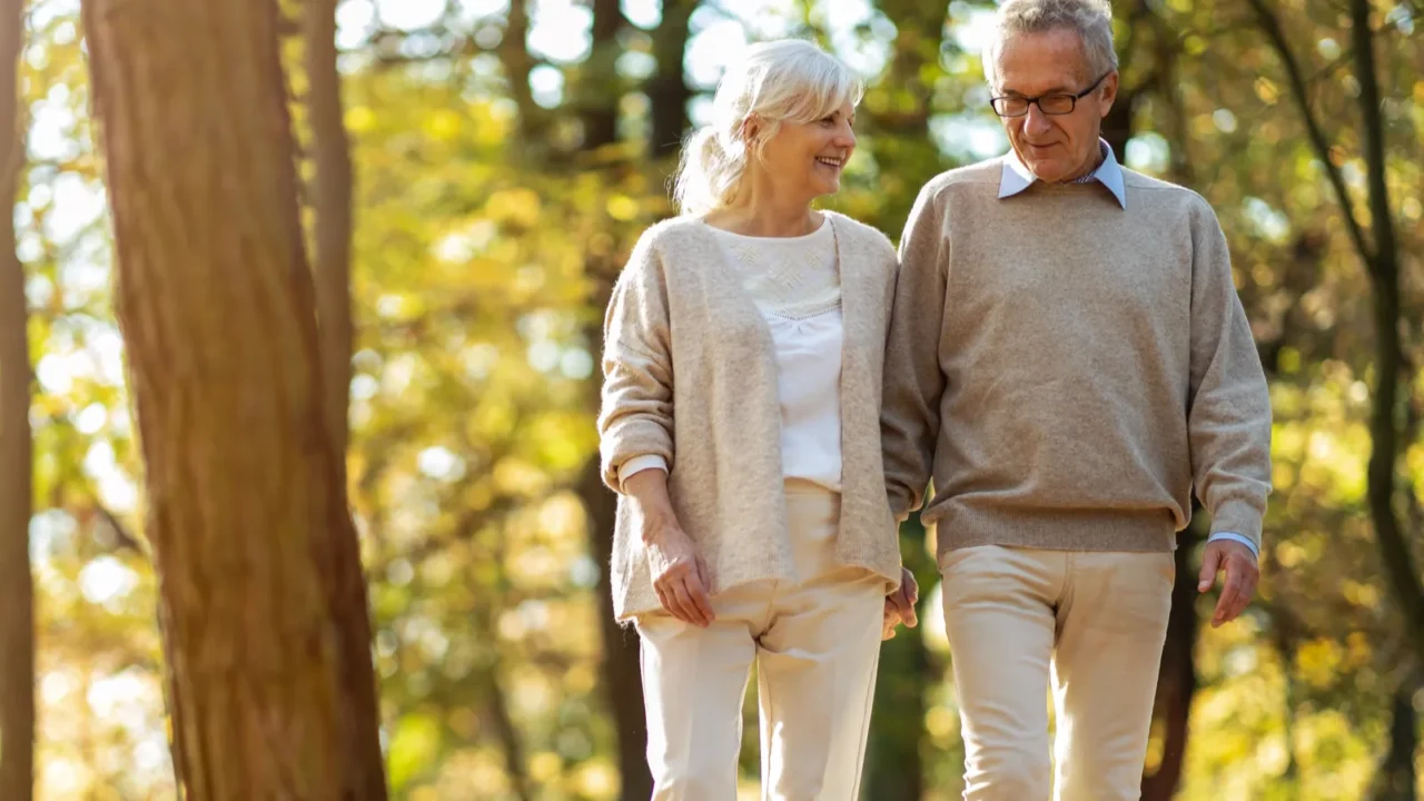 happy senior couple in autumn park