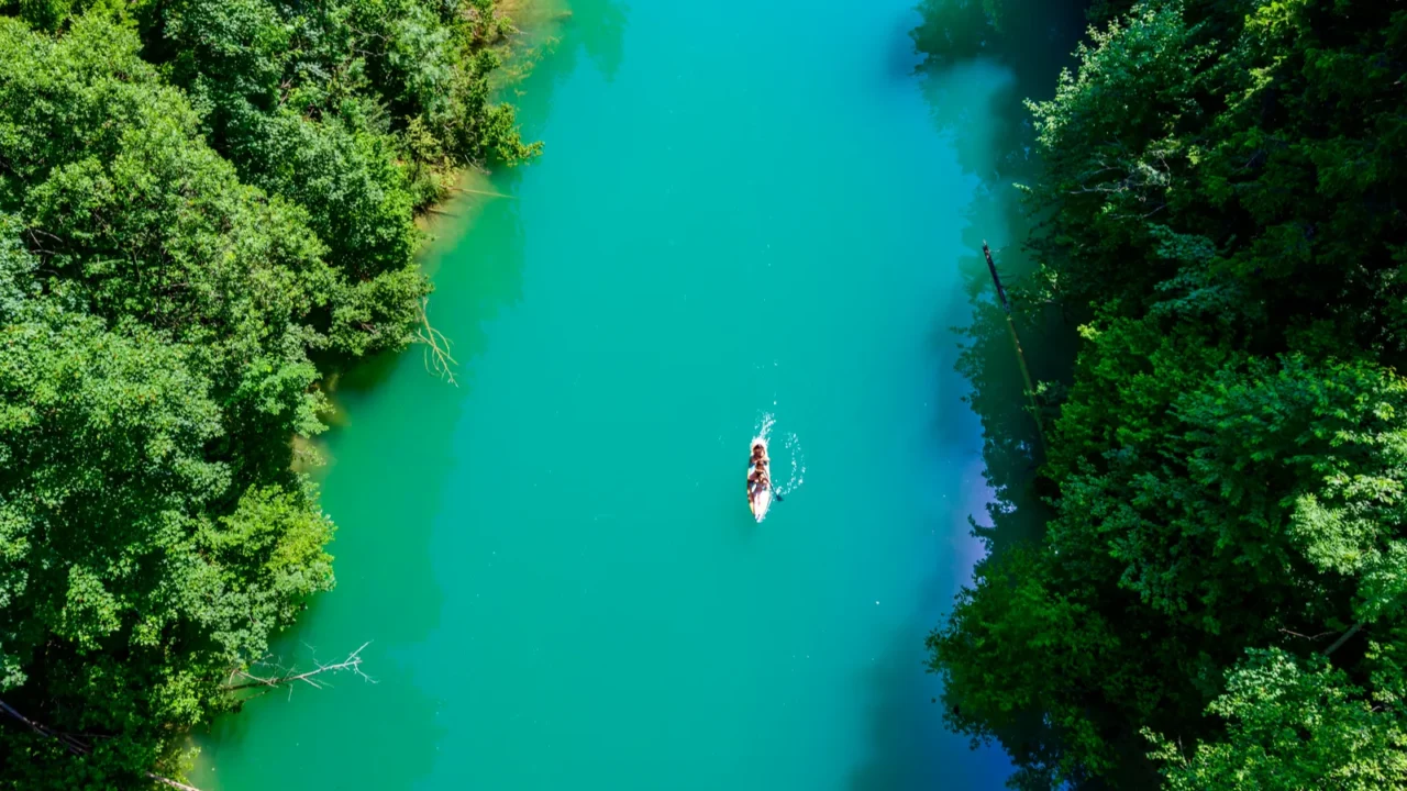 kayaking on river in forest beautiful nature scenery