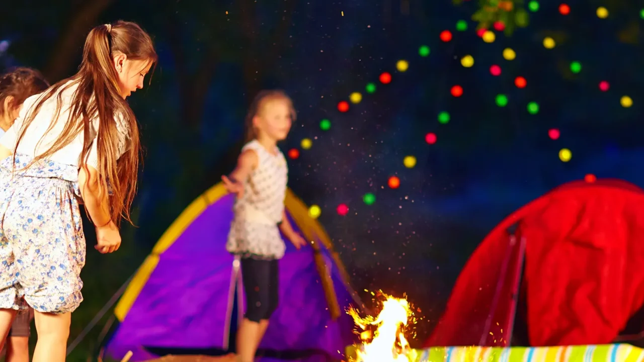 kids throwing wood in campfire summer camp
