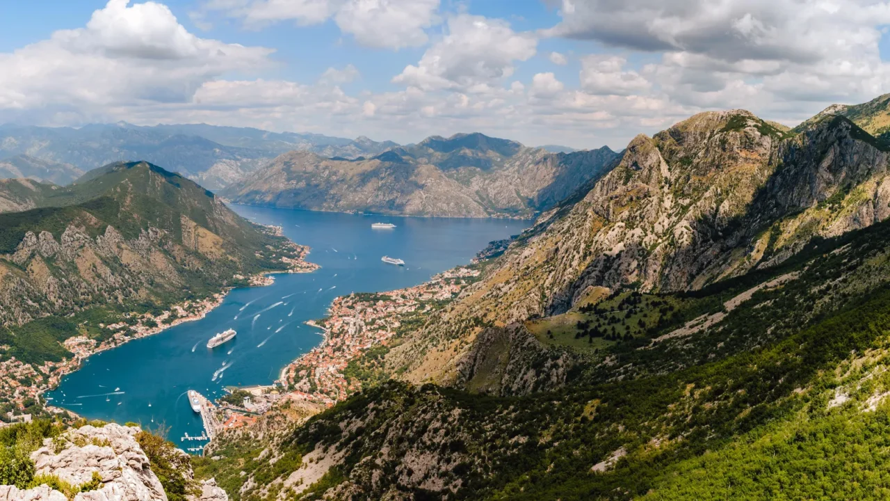 kotor bay wide angle panorama from viewpoint at the road