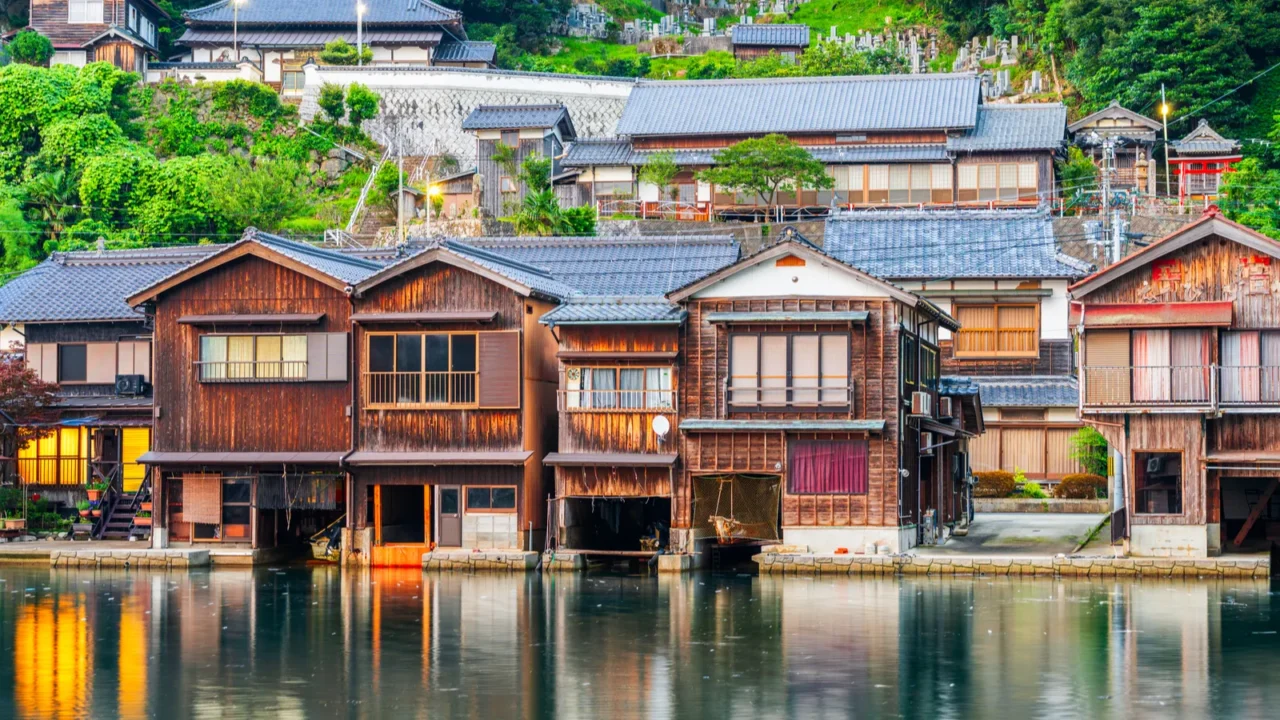 kyoto japan at ine bay historic funaya boathouses at dusk