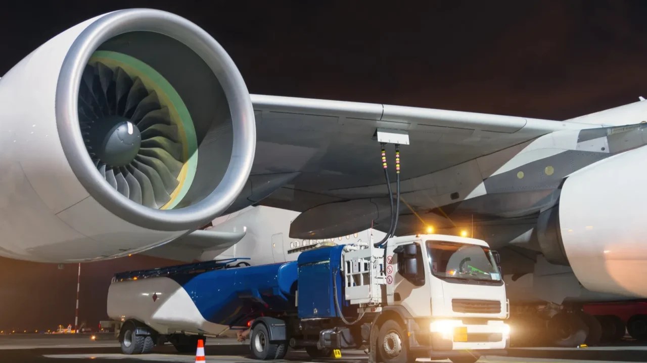 large aircraft jet engines fueling a huge airplane a truck