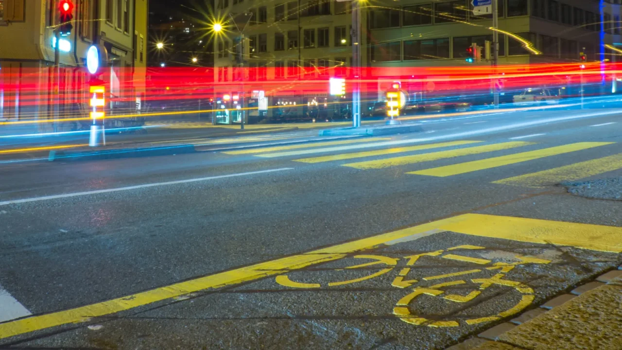 long exposure of traffic and a bicycle lane