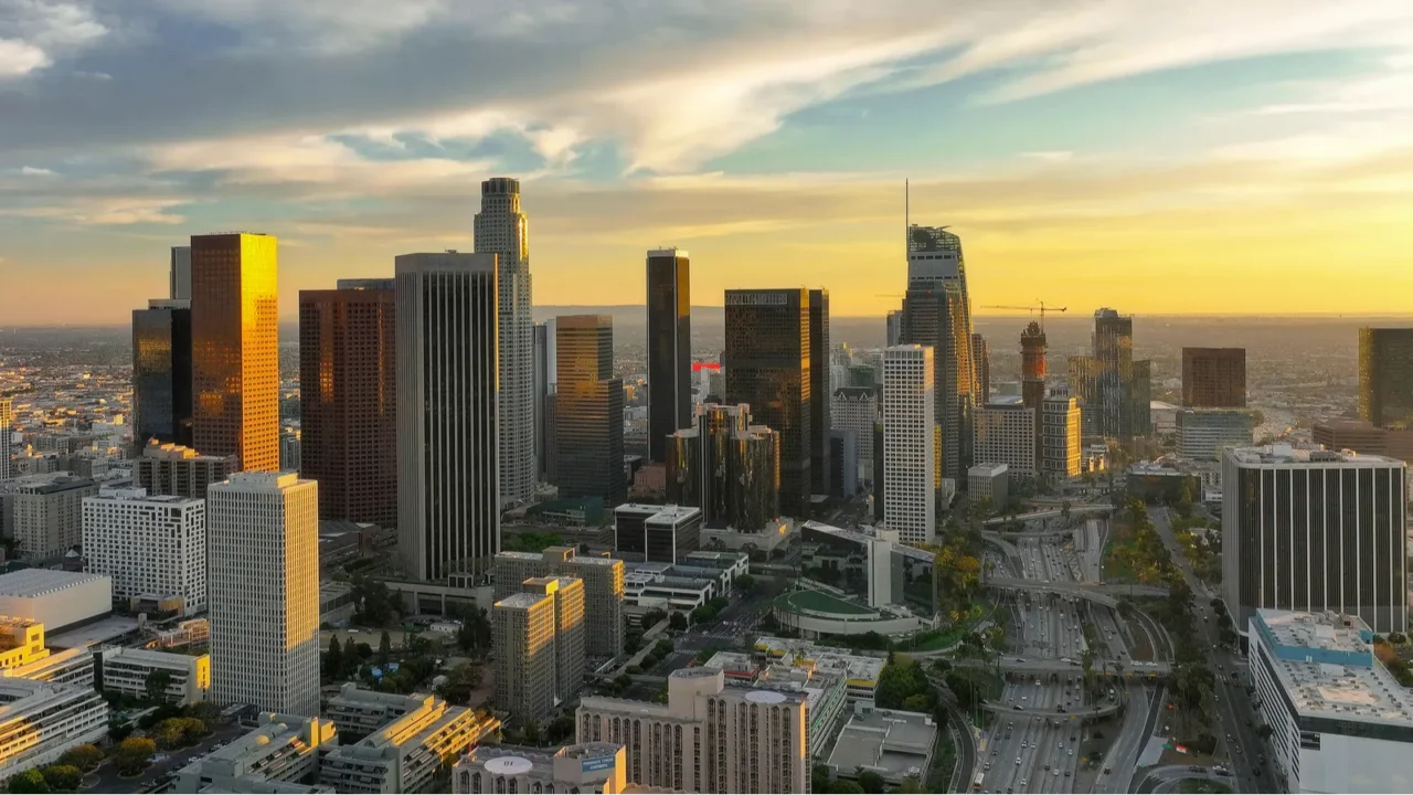 los angeles downtown cinematic drone of top aerial view flying