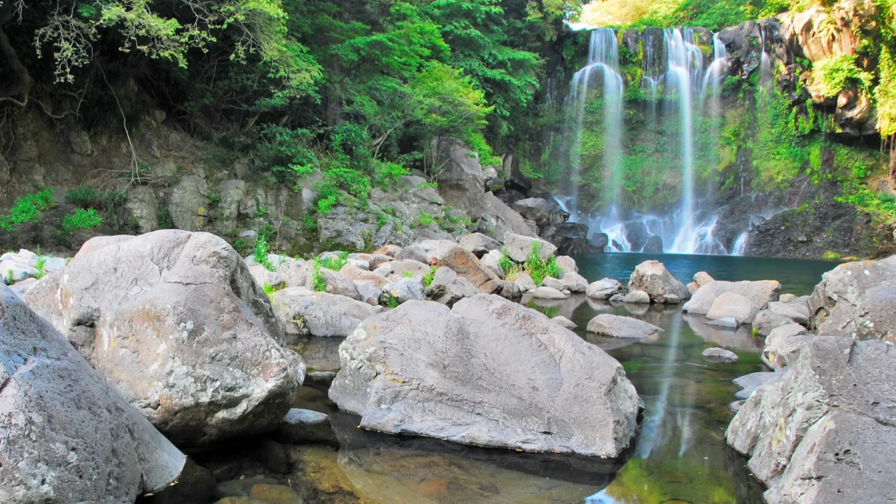 low shot of majestic waterfall