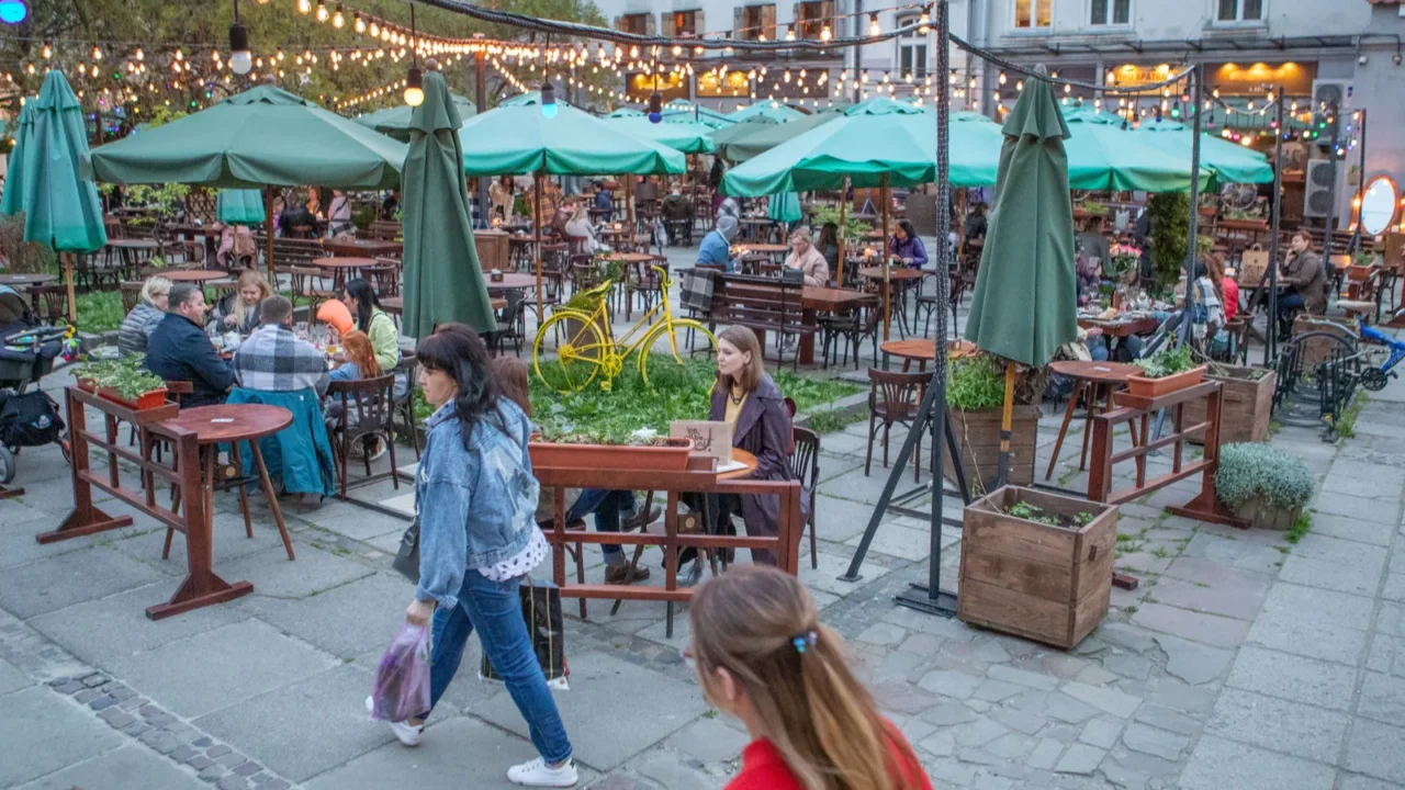 lviv ukraine  may 14 2021 people at outdoors street