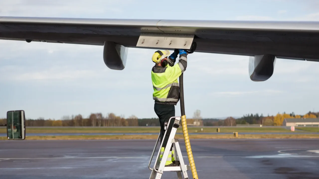 male worker refueling airplane while standing on step ladder