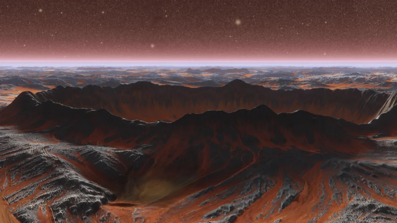 mars planet surface with dust blowing 3d illustration