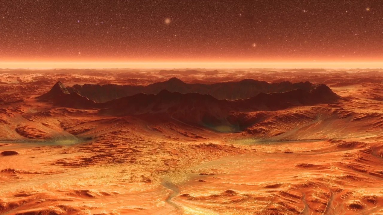 mars planet surface with dust blowing 3d illustration