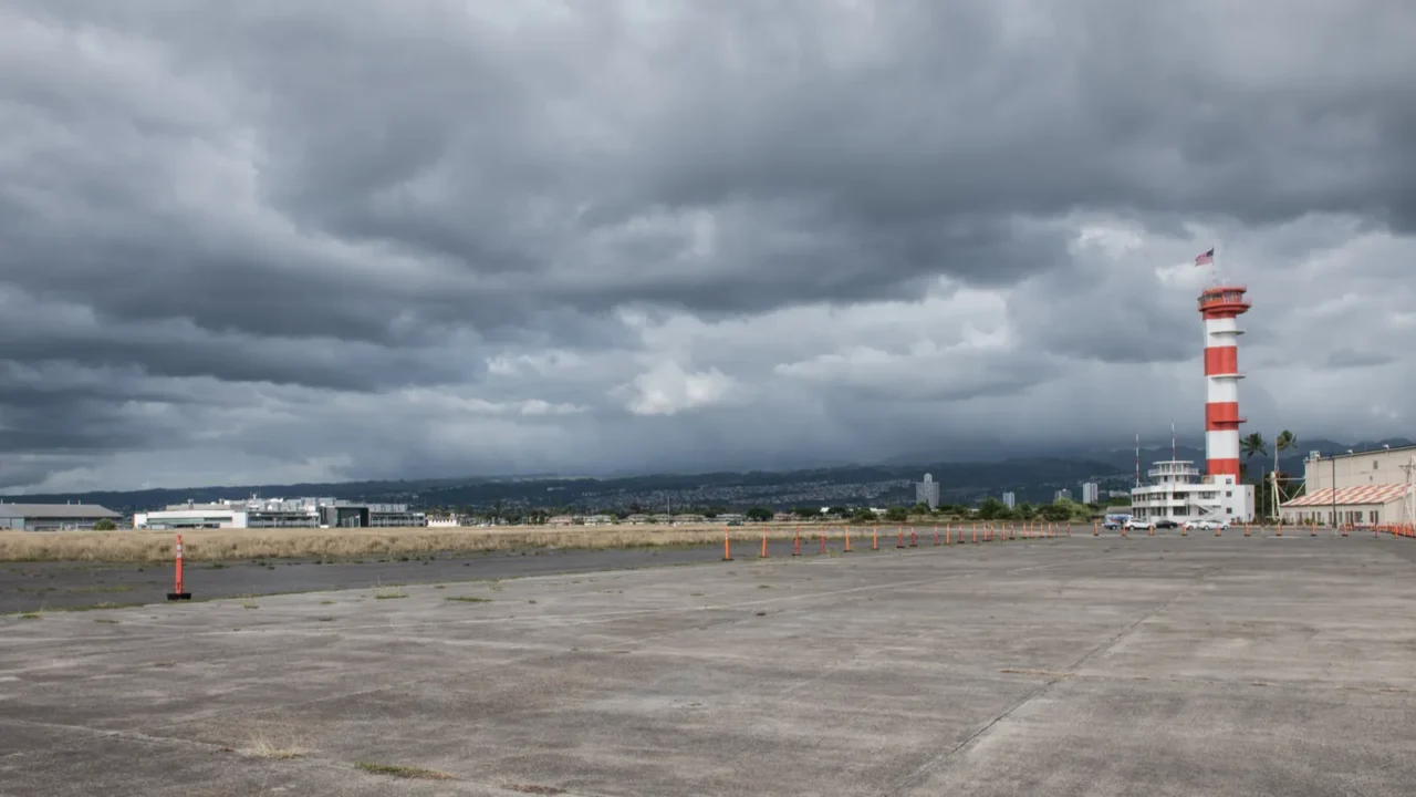 military base airport runway with control tower