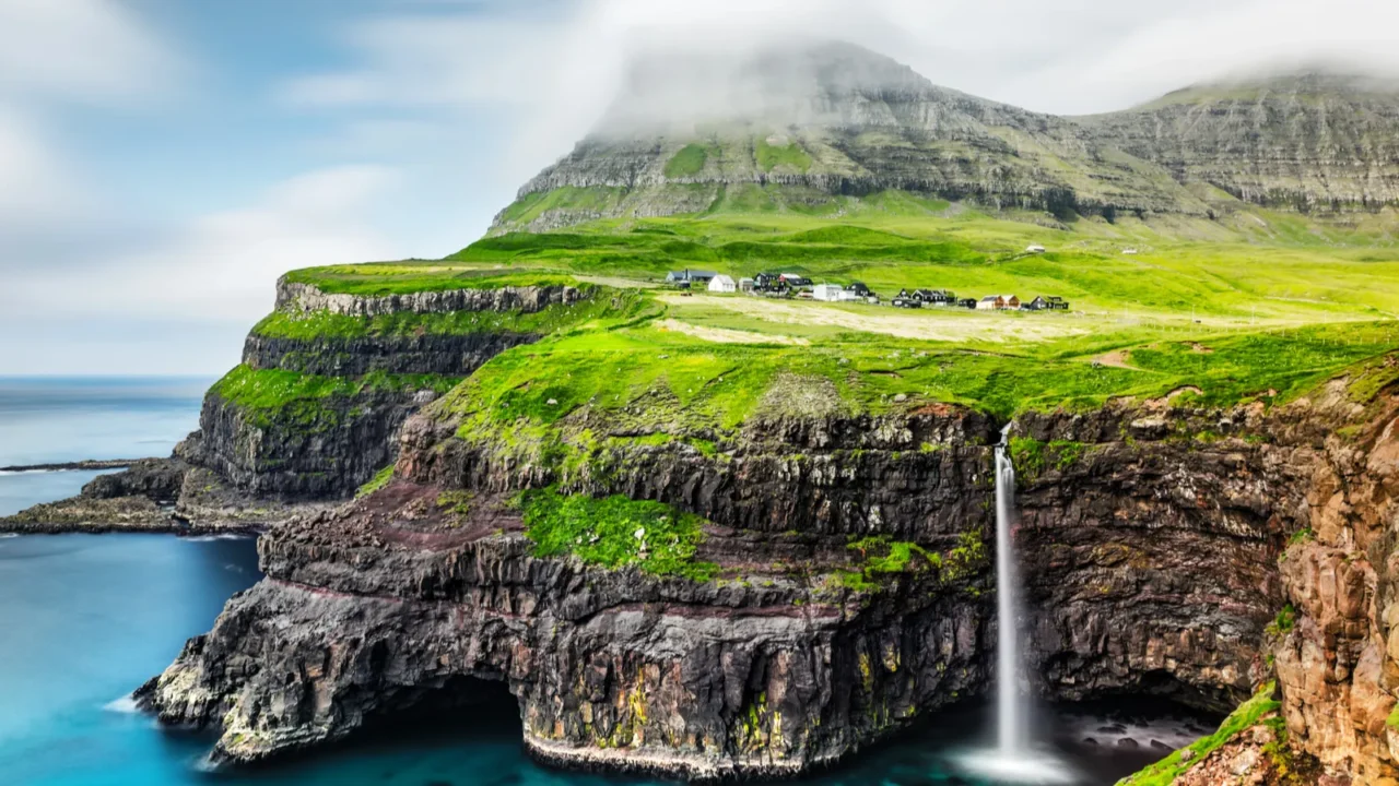 mulafossur waterfall in gasadalur vagar island of the faroe islands