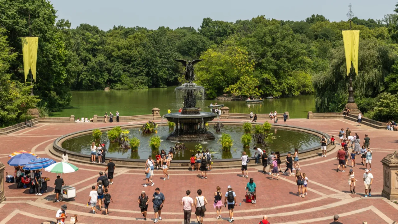 Bethesda Fountain with its Angel of the Waters statue seen from Bethesda Terrace, Central Park.
